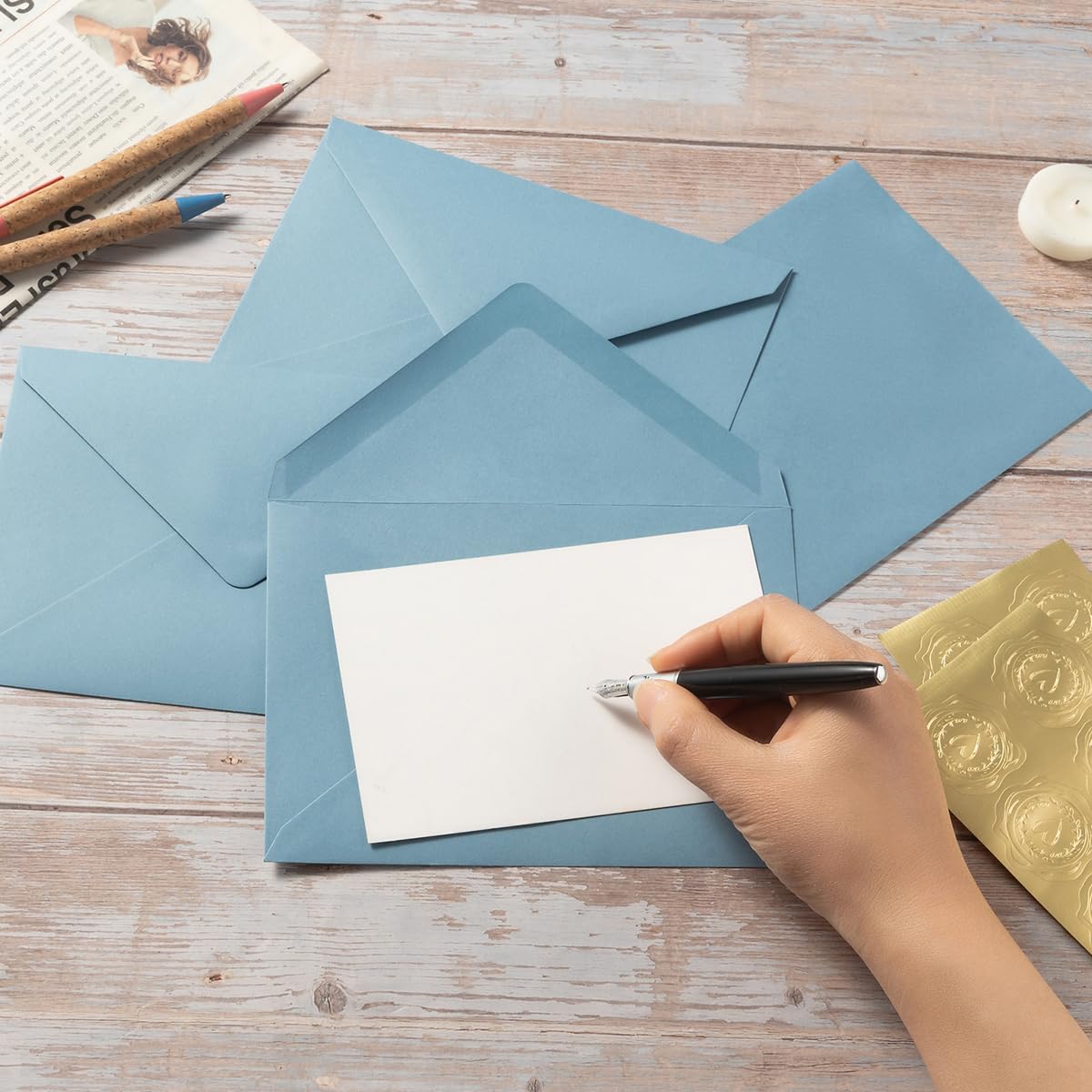 50 Pack A6 Envelopes with Stickers Dusty-Blue, 6 1/2 x 4 3/4 Inches