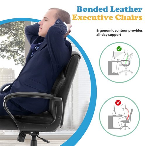 MCQ Mid Back Office Chair Swivel Executive Chair with Armrests, Leather-Padded Ergonomic Chair with Lumbar Support, PU Leather Computer Chair for Adults, Dark Black, Small Size