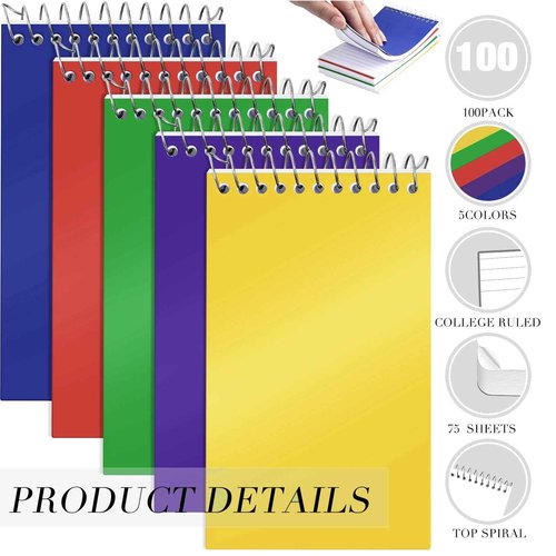 Leinuosen 100 Pcs Spiral Memo Pads 3x5 Inch 75 Sheets College Ruled Small Pocket Notebooks Little Mini Notepads Bulk Top Bound Lined Note Pads for Home School Office Travel Work (Bright Color)