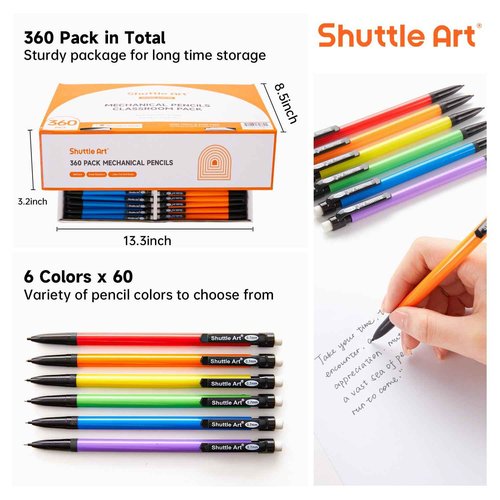 Shuttle Art Mechanical Pencils, 360 Pack Bulk Mechanical Pencils 0.7mm Medium Point, HB #2 Lead Pencils, Assorted Barrels, Office School Supplies