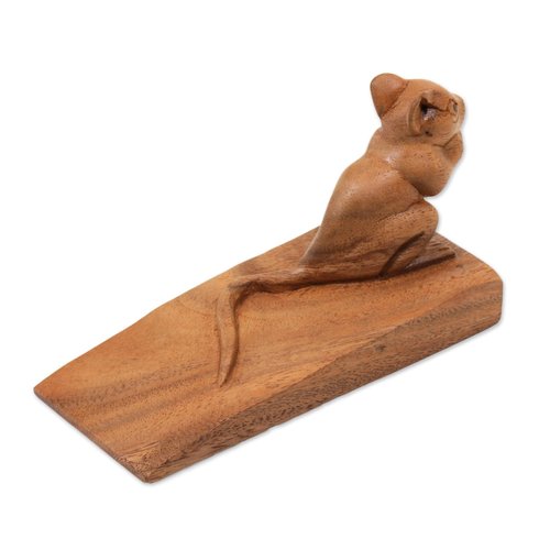 NOVICA Brown Hand Carved Suar Wood Mouse Door Stopper, 'Charming Mouse In Brown'