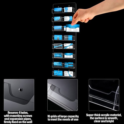 2 Pieces Acrylic Business Card Holder Wall Mount Clear Sticker Display Rack Multiple Clear Acrylic Card Organizer Sticker Display Stand Pre Drilled Index Card Storage (16 Pockets/ 23x 8")