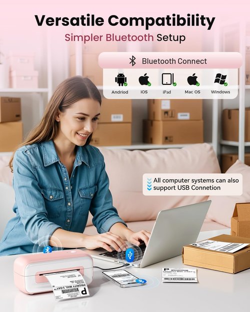 Phomemo Bluetooth Thermal Label Printer - Fast Inkless 4x6 Shipping Labels for Small Business | Compatible with iPhone, Android, Windows, Mac - Pink