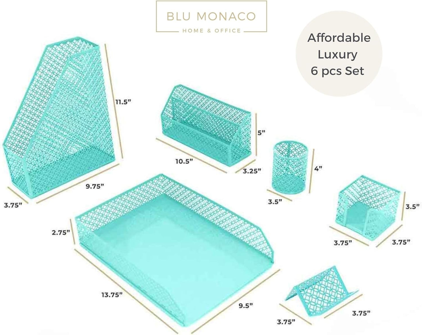 BLU MONACO Aqua Teal 6-Piece Desk Organizer Set | Stylish Office Accessories for Women