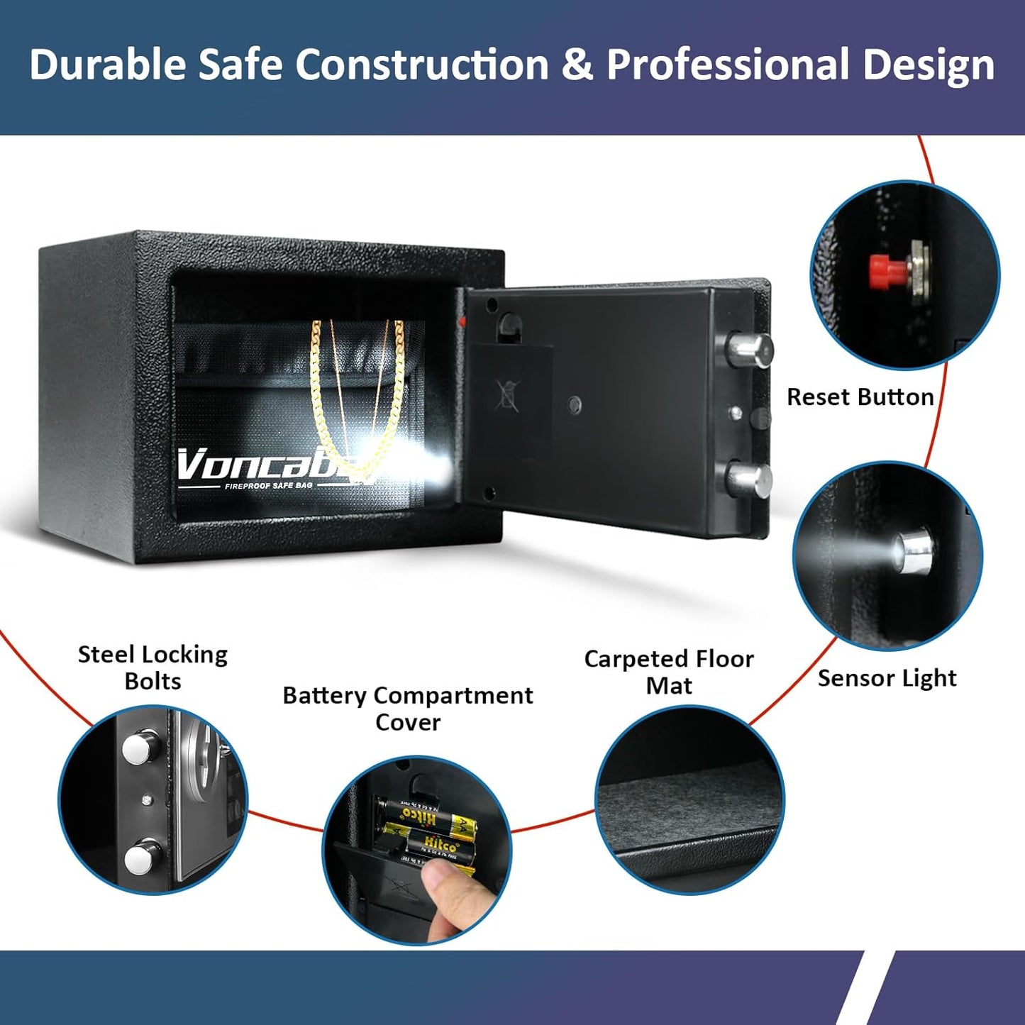 Voncabay Money Safe Box - Fireproof Security Safe with Sensor Light & Digital Keypad | 0.23 Cu Ft, Black