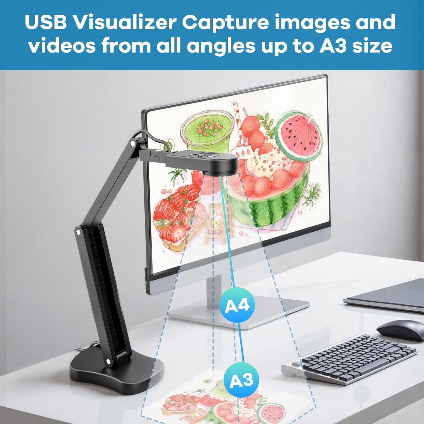 Kitchbar 4K USB Document Camera & Webcam for Teachers: 8MP USB with 3-Level LED Light & Mic & Image Invert,Fold, A3 Format for Teaching in Classroom/Distance Learning Educators(Mac/Windows/Chromebook