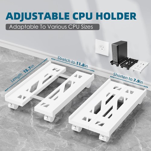 CABTE Adjustable Computer Tower Stand, Mobile CPU Stand with 4 Rolling Caster Wheels, Under Desk CPU Holder PC Floor Cart PC Riser for Gamers and Students (White)
