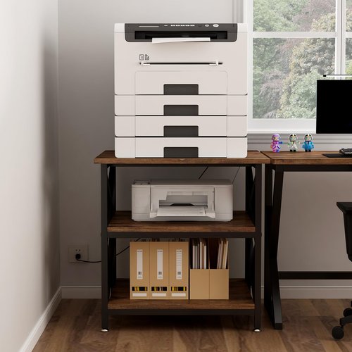 METYERRY Large Printer Stand with Power Outlet, with Height Adjustable Storage Shelf, 3 Tier Rolling Printer Cart with Industrial Wheels, 23.6 x 23.6 Inches Printer Table for Home Office, Rustic Brown