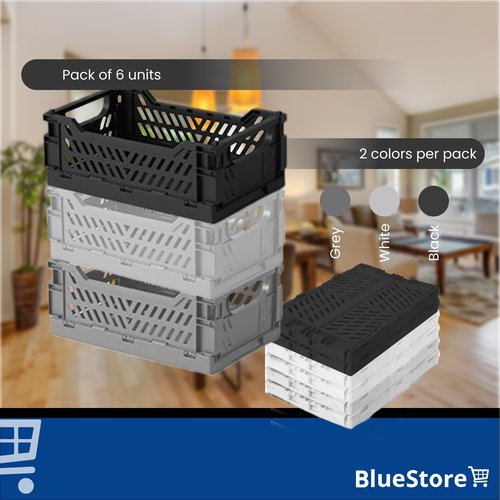 6-Pack Foldable Plastic Storage Crates for Organizing with Handles, Stackable Collapsible Bins for Desk, Office and Shelf Organization, Small Basket for Home, Kitchen, and Classroom (White-Grey-Black)
