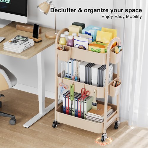 Khaki 3 Tier Rolling Cart Metal on Wheels, Three Tiered Storage Organizer Utility Trolley with Wheels for Art, Craft, Baby Diaper Caddy, Snack, Book, Nail, Lash, Cleaning Supplies, Kitchen, Bathroom