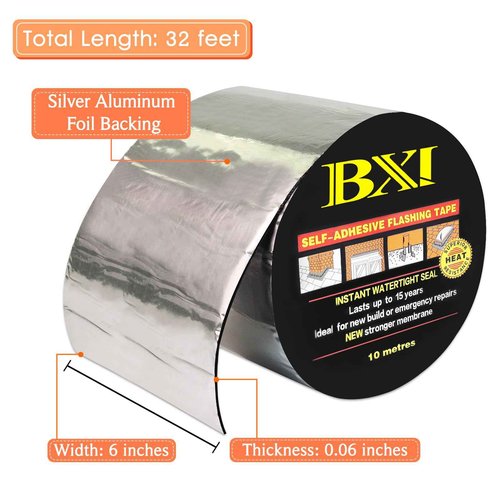 BXI Flashing Roll Tape Membrane, 6 inches X 32 Feet Thick Waterproof Patch Seal Tape, Self-Adhesive SBS Modified Rubberized Asphalt, Deck Seam Joist Leak Sealant for Roof Window Gutter Repair Outdoor