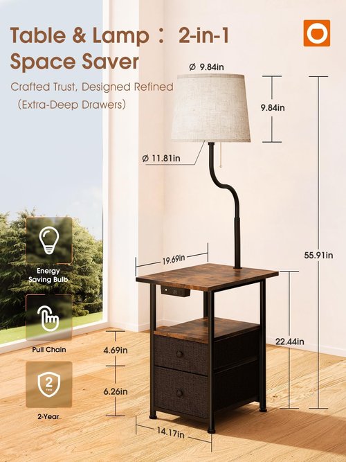 addlon Floor Lamp Side Table with Night Light,Night Stand with Charging Station and LED Bulb, 3-Color Adjustable Lighting Beside Table with 2 Deep Drawers, End Tables Living Room,Bedroom-Rustic Brown