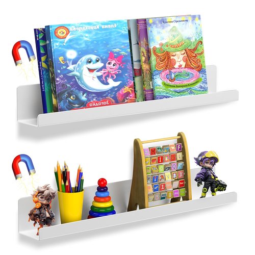 Gattlukd 2 Pack Magnetic Book Shelf for Whiteboard - 17 Inch Reusable Metal Magnetic Shelves, Holds 12 lbs, Magnetic Book Display for Classrooms, Kitchen, Kids' Room - New White