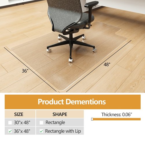 Office Chair Mat for Hardwood Floor, 36"x48" Office Floor Mat for Carpet Rolling Chair Heavy Duty Protector for Low Pile Carpet (Rectangle with Lip)