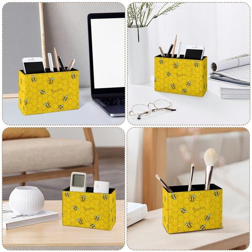 Famame Honeycomb Cute Bee Pencil Holder for Desk, Leather Desktop Container Pen Cup Storage Study Table Pen Organizer Makeup Brushes Holder for Office Home