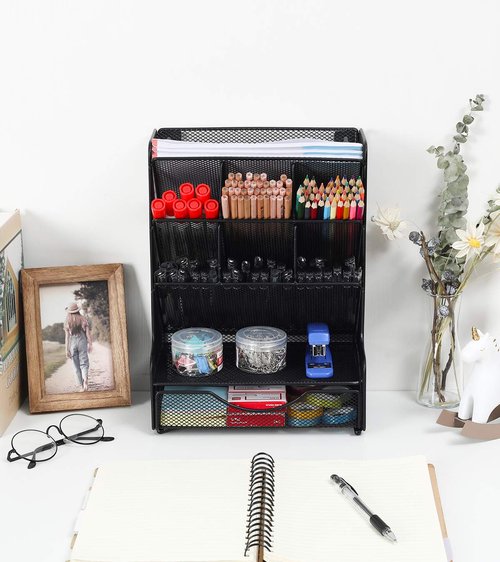 PAG Desk Organizer with Drawer Office Supplies and Accessories Storage Caddy Hanging Wall Shelf Metal Mesh Pencil Holder for Kids, 9 Compartments, Black