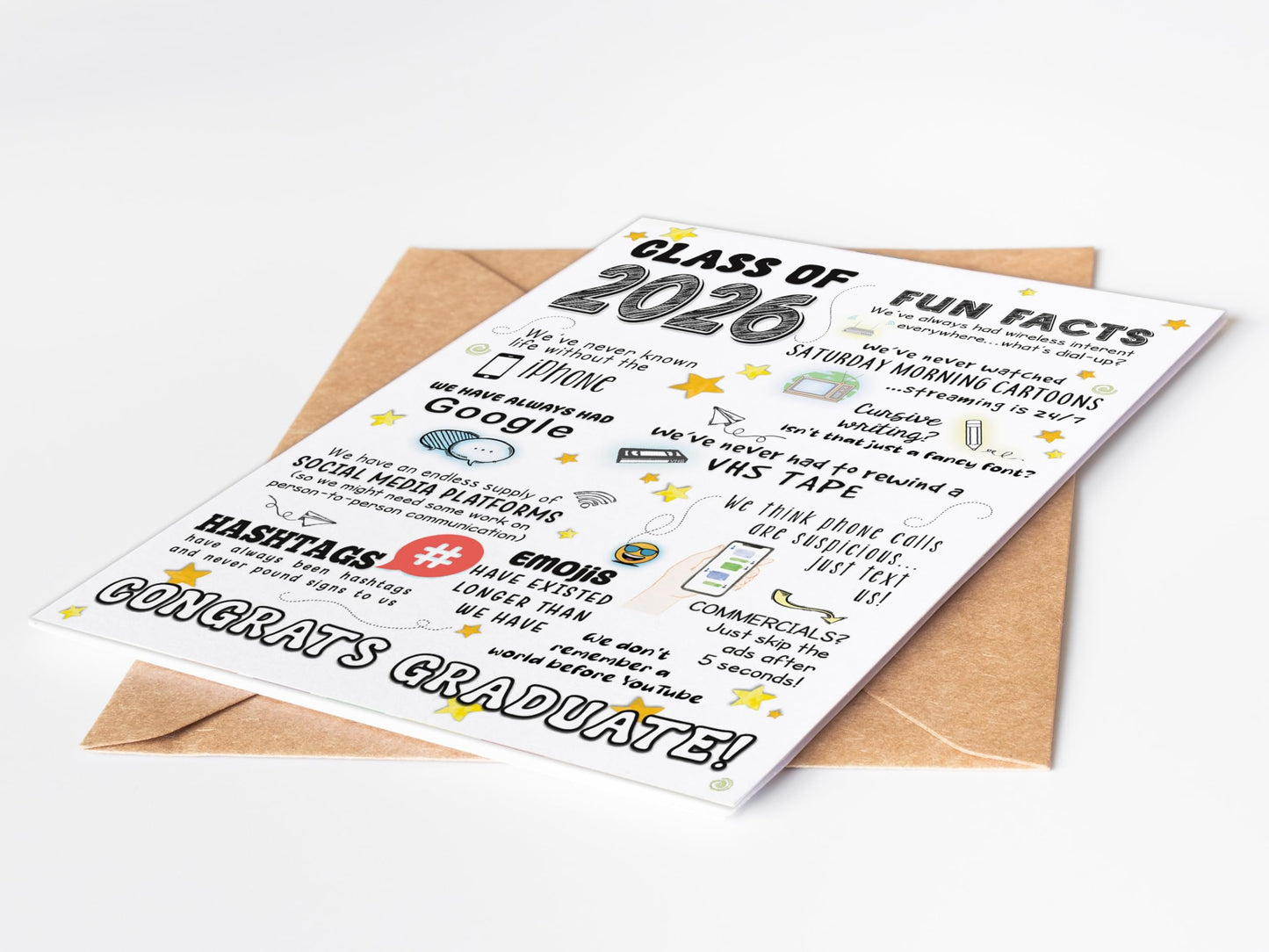 Katie Doodle 2026 Graduation Card - (Made in USA) - Funny High School Graduation Cards 2026, Class-of-2026 Cards (5x7 inch, Blank Inside) - Grad Gifts for Her, Him (Handmade) - Includes Envelope