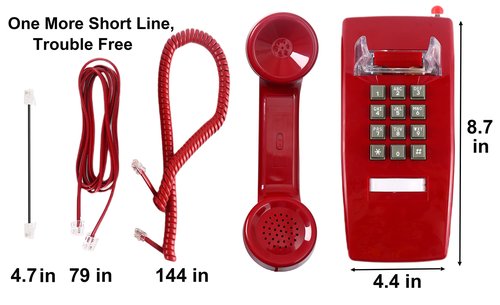 Traditional Red Wall Phones for Landline Mechanical Ringing, Classic 2554 Wall Telephone Ringing Indicator, Retro Wall Phone Hearing Aid, Old Wall Mount Phone for Home,School, Backup Telephone