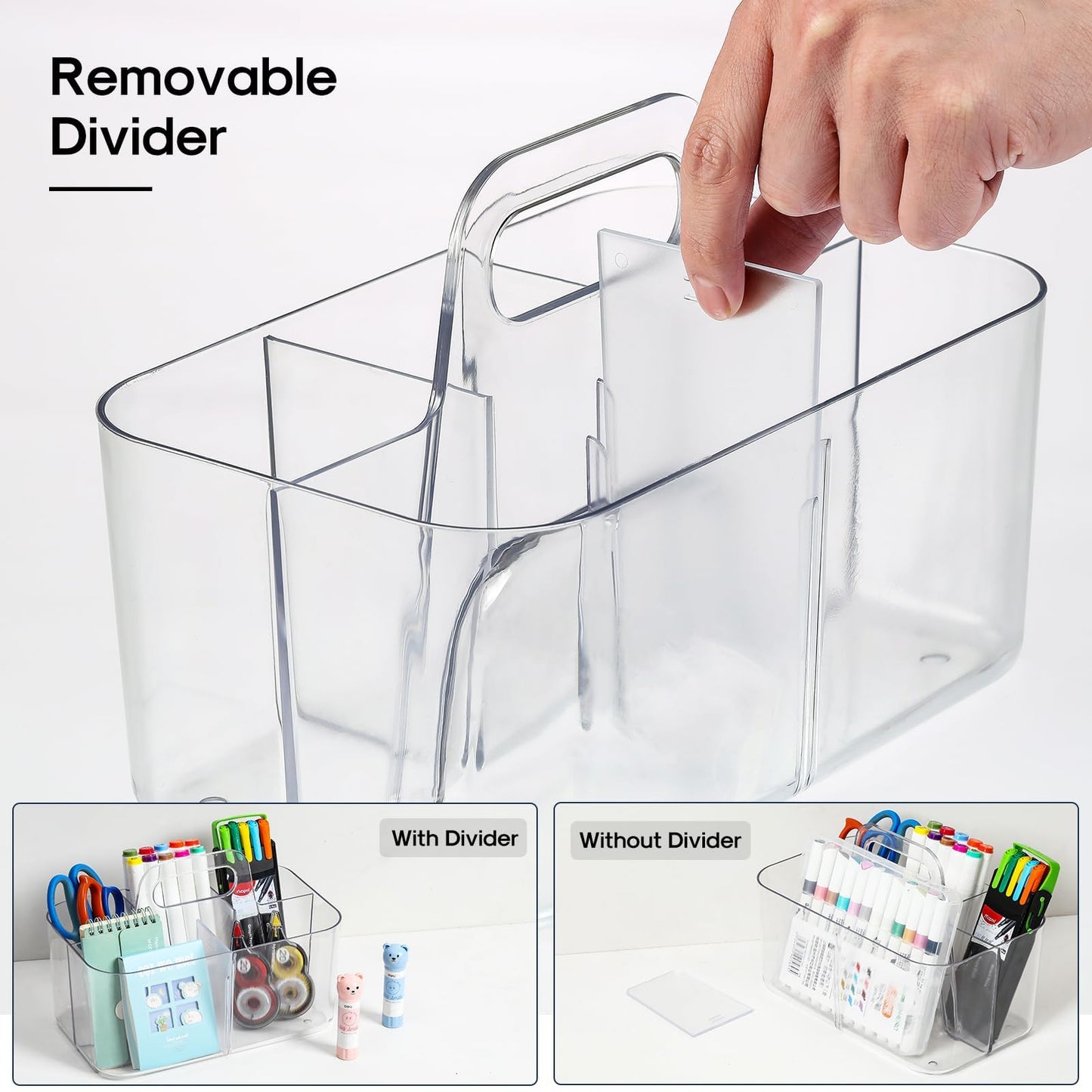 Multiuse Caddy Organizer with Handle, Portable Divided Plastic Tote Bin - Art Craft, Stationary Pen Marker Crayons, Makeup Hair Supplies Storage - Bathroom, Classroom, Dorm, Office, Desk Holder -Clear
