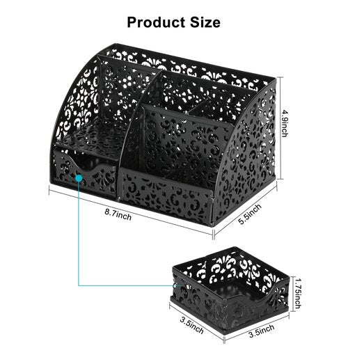 EasyPAG Desk Organizer with Sliding Drawer - 6 Compartments Metal Desktop Caddy, Decorative Elegant Hollow Flower Design, Anti-Scratch Pads for Home, Office, School, Black