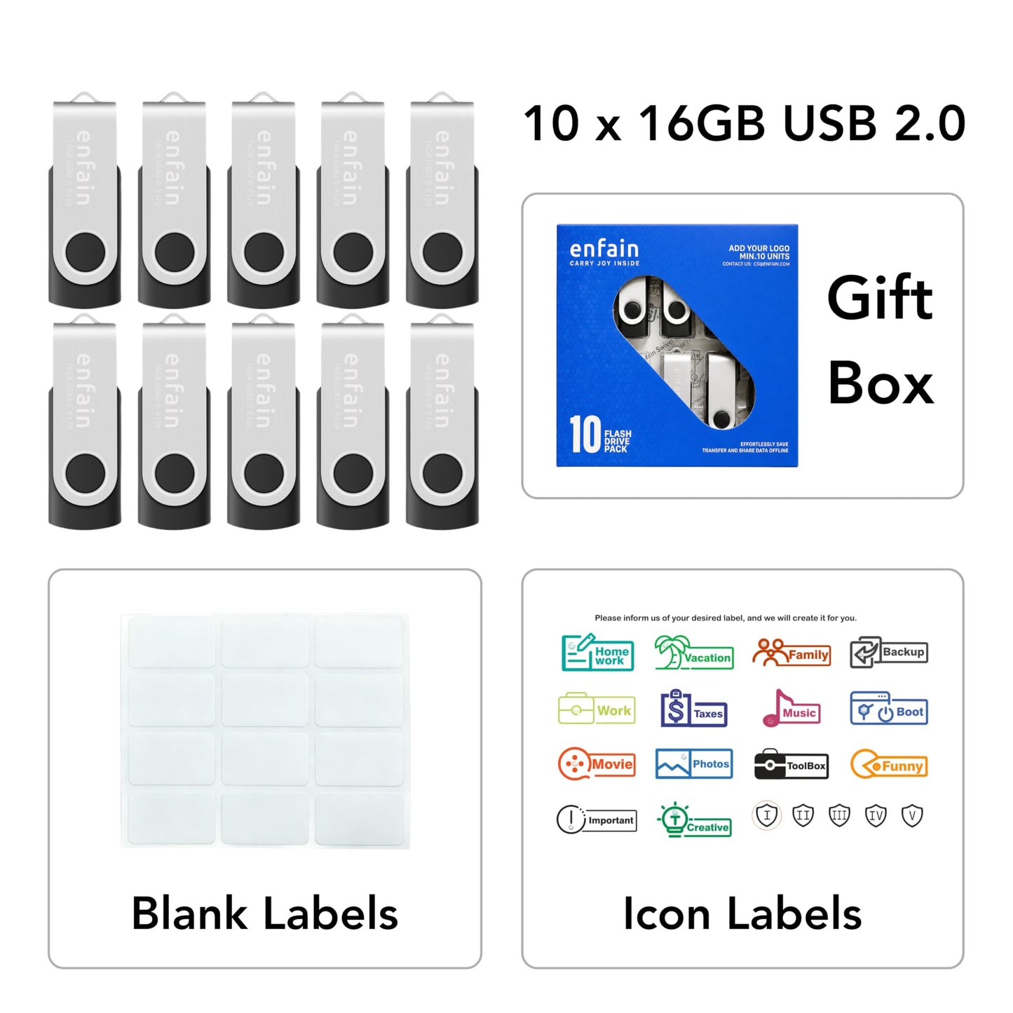 Enfain 16GB USB 2.0 Flash Drive 10 Pack | Swivel Thumb Drives with 31 Labels | Gift-Ready Packaging for Corporate Events, Office & Team Distributions (Black)