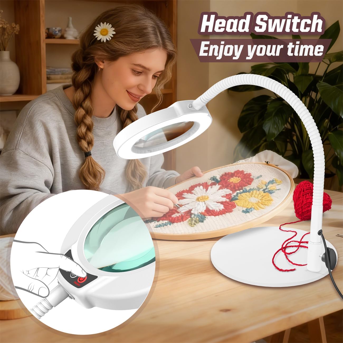 10X Magnifying Glass - LED Lighted Desk Lamp with Flexible Goose-Neck & 5 Color Modes - White