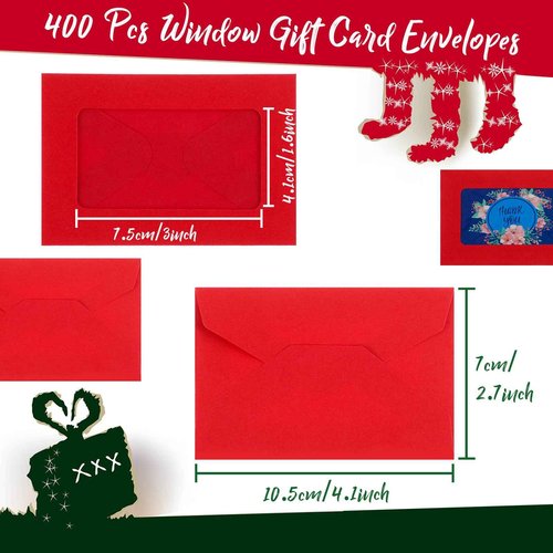 Cholemy 400 Pcs Red Gift Card Envelopes Christmas Card Envelopes with Window 4.1 x 2.8 Invitation Credit Sleeves for Money Cash Business Thanksgiving Wedding Party Greeting Supplies Decoration