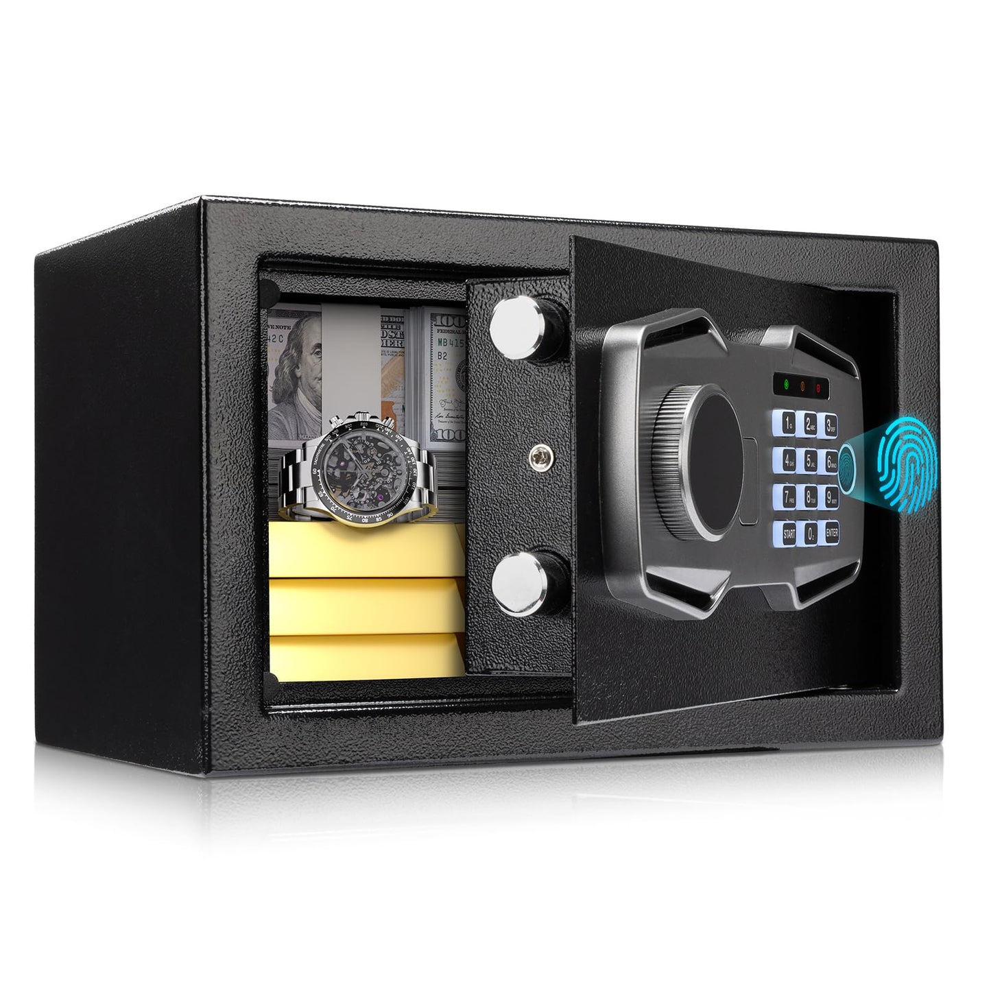 MUNBYN Smart Biometric Fingerprint Safe, 3-Way Access Lock Box with Electronic Keypad, Display Screen & USB-C Port, Small Caja Fuerte with Anti-Rust and Anti-Theft for Home & Office, Cash, Document