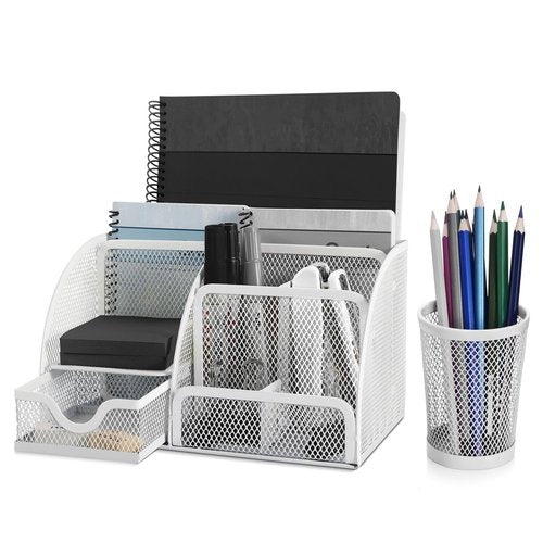Flexzion Desk Caddy Organizer Set (White) - Metal Mesh Desktop Caddy with Drawers, 6 Compartments, and Pencil Holder for Women & Men - Desktop Organizer and Storage for Work or Office Supplies