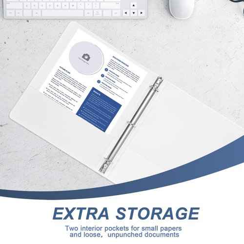 1 Inch 3-Ring Binder with 2 Interior Pockets, Heavy Duty 1" Round Ring Binder Holds 200 Sheets of US Letter Size 8.5'' x 11'' Paper for Office/Home/School (White, 12-Pack)