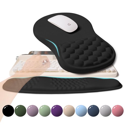KUOSGM 2-in-1 Ergonomic Set, Wave Rise Keyboard Wrist Rest and Massage Bulge Slope Mouse Pad Wrist Support, Cushion Memory Foam Integrated to Relieve Wrist Pain, Black