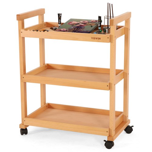 VISWIN Art Cart Organizer, Solid Beechwood Art Supply Storage Organizer with Caster Wheels, 3-Tier Multifunctional Rolling Utility Storage Cart for Studio, Classroom, Artists - Natural