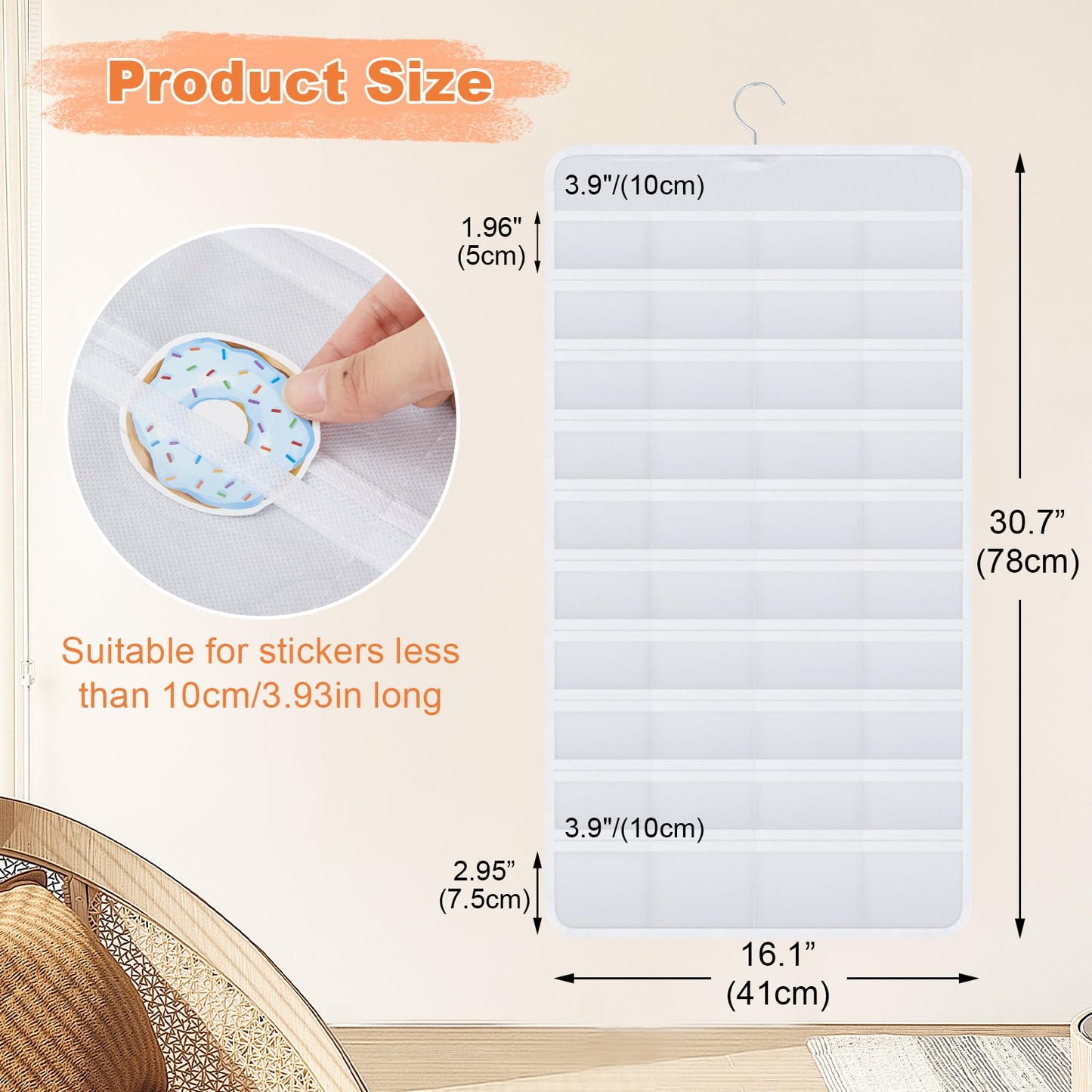 Faccito 1 Pcs White Hanging Sticker Display Organizer, Double-sided 80 Pocket for 4'' Large Stickers Storage, Portable Wall-hanging Decal Chart Holder for Vendors Collectors Trade Shows