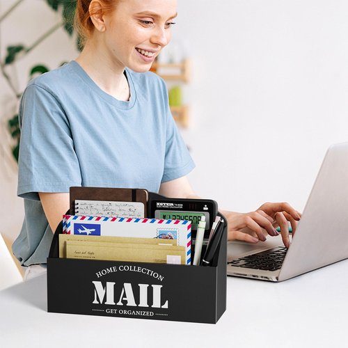 First-zgel Mail Organizer Countertop, Wood Mail Holder with 2 Slots, Rustic Mail Basket Mail Sorter for Wall, Bill Envelope Letter Holder for Home Office (Black