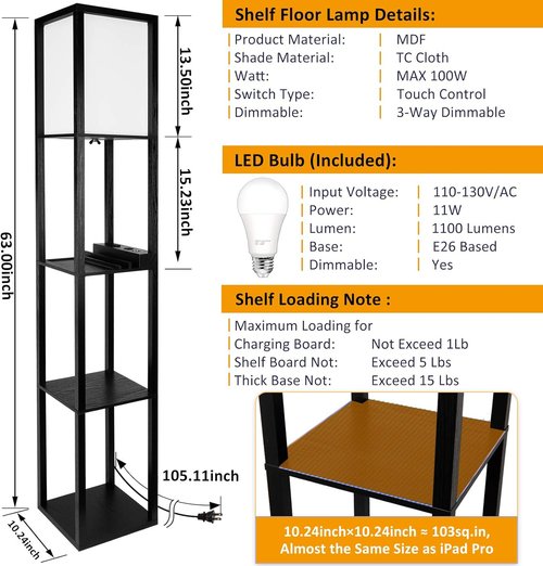 FOLKSMATE LED Floor Lamp - 3-Way Dimmable Touch Control with USB Charging Ports & Shelves | Modern Design for Bedroom & Living Room