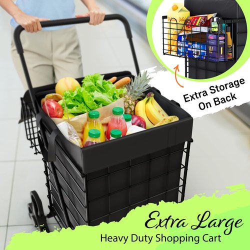Our Modern Space Stairs Climbing Shopping Cart w/Waterproof Basket Liner & 360° Swivel Wheels | Foldable Collapsible & Lightweight | Perfect for Groceries Laundry Utility Cart - Black