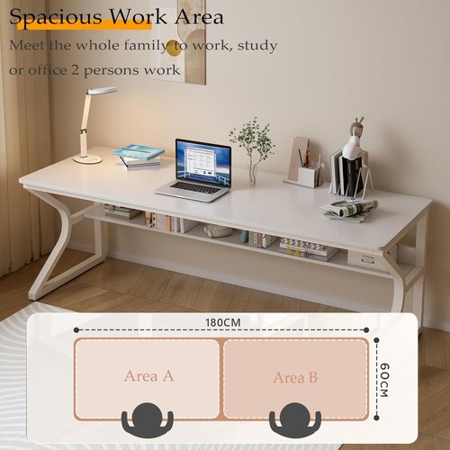 OSCHF Extra Long Desk - 71" Double Writing Table with Bookshelf for 2-Person Workstation | Modern Warm White