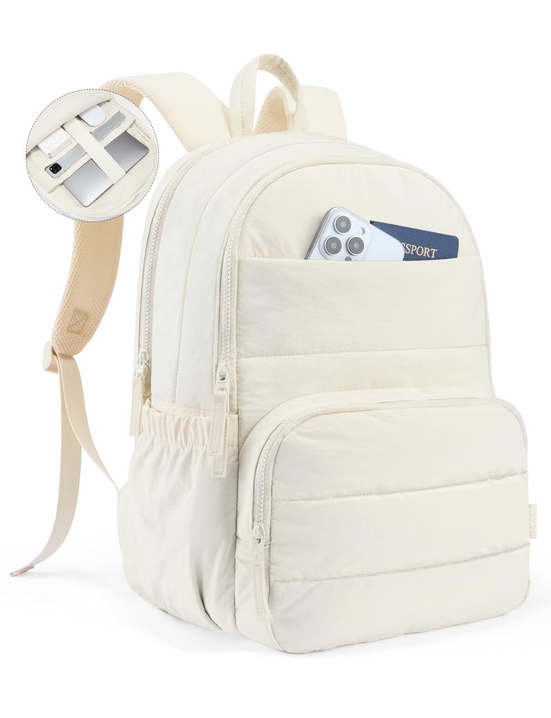 Uselike Travel Backpack for Women, 15.6 Inch Laptop Backpack, Quilted College Bookbag, Cute Work Backpacks, Water Resistant (Beige)