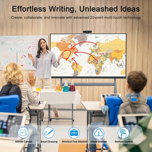 LINGHUFOX 75" Smart Board, 4K Touch Screen Interactive Whiteboard with Windows 11 Pro & Android 12.0, All-in-One Computer with AI Camera and Movable Stand for Classroom and Office