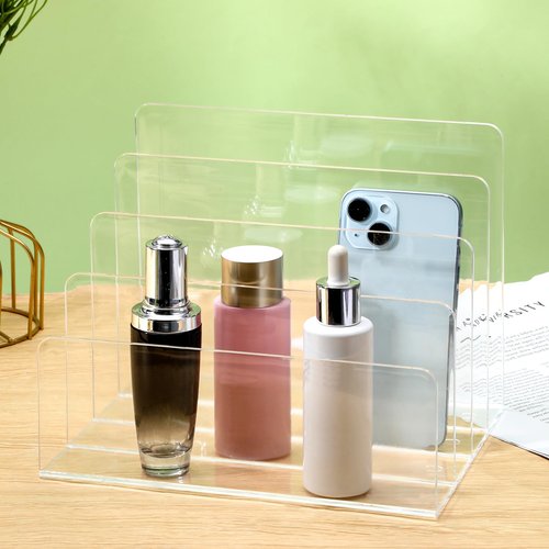 Hariendny 4 Compartments Acrylic File Organizer for Desk, Vertical Letter Holder, Mail Organizer Letter Holder, Acrylic Desk Organizer for Document, Notebook, Letter, 9" x 7" x 7"