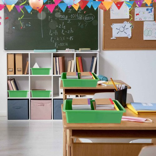 Hoteam 18 Pcs Flat Storage Organizer Bins Letter Size Paper Tray Classroom Storage Plastic Art Trays Classroom Pencil Organizer Baskets for School Office Teacher Book Organization(Green)