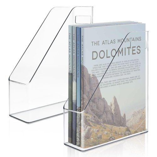 Boocalny 2 Pack Magazine File Holder, Clear Plastic A4 Vertical File Organizer with Handle, Desk Organizer Magazine Document Rack, Slim Vertical Folder Bin for Home Office School Supplies