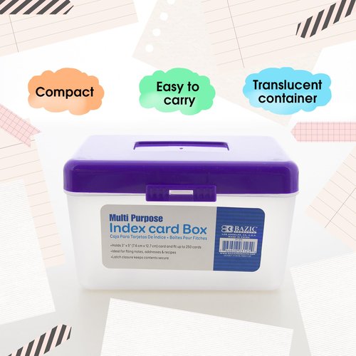 BAZIC Index Card Box 3"x5", Flip Top Utility Plastic Storage Case 250 Cards Capacity, Flash Card Holder Organizer, for Office, 6-Pack