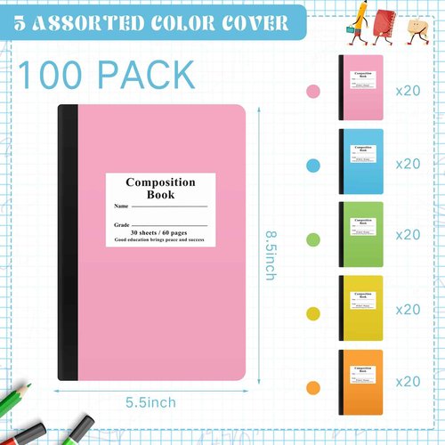 Janlaugh Composition Notebooks Bulk Wide Ruled Lined, 8.5 x 5.5 Inch, 30 Sheets/60 Pages, Back to School Supplies, First Day of School Notebooks for Teacher Student Office Supplies(100 Pack)