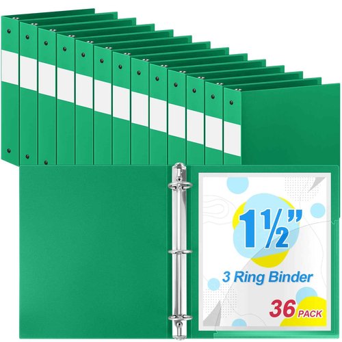 Henoyso 36 Pcs 3 Ring Binder 1.5 Inch Plastic Flexible Round Binder Fits Letter Size 8.5 x 11 Inch Paper Holds 300 Sheets with 1 Pockets for Office School (Green)