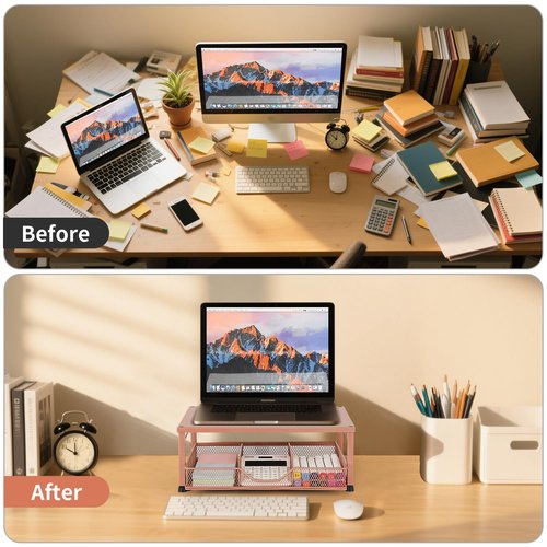 Gugsey Small Monitor Stand Riser, Laptop Riser, Metal Mesh Desk Organizer, Desk Top Storage and Organization with Drawer for Computer, Desktop, Printer, Coffee Set and Office Supplies (Bronze)