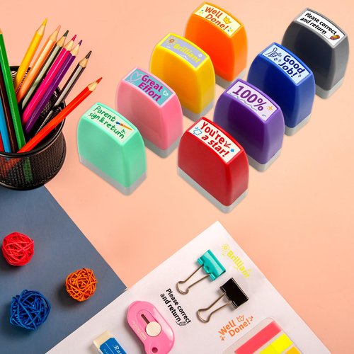 Teacher Stamps for Grading Motivational Teacher Self-Inking Stamp Set Encouraging Signature Stamp for Classroom Supplies 8 Packs Multicolor