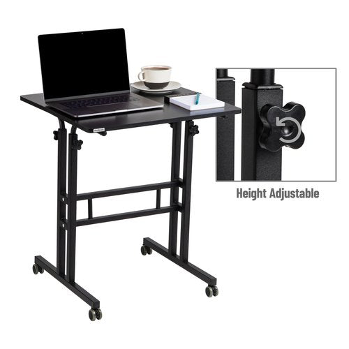 Mind Reader Standing Desk, Adjustable Height Laptop Workstation, Portable Rolling Desk on Wheels, Two-Tier Metal Frame, Black