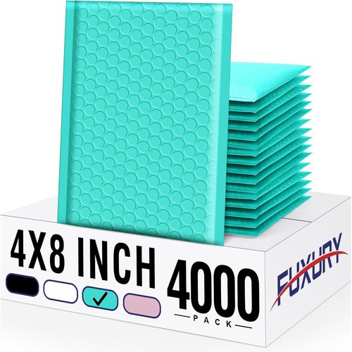 Fuxury Teal Bubble Mailers - Waterproof Self-Seal Padded Envelopes | 4x8" | 4000 Pack for Small Business