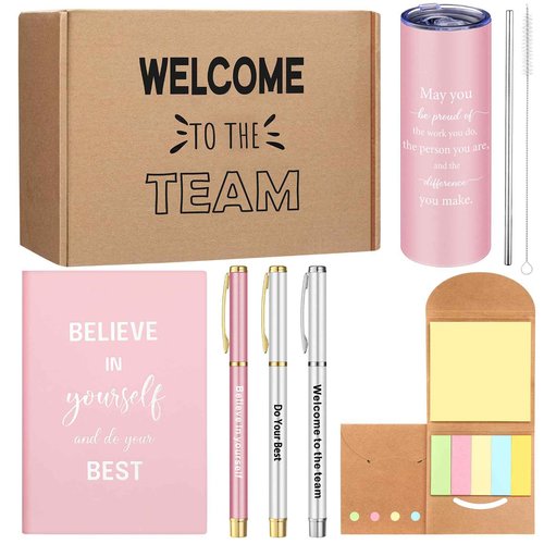 Teenyyou 7 Pcs New Employee Welcome to the Team Gift Set Welcome to the Team Gift Box Include 1 20oz Tumbler 1 Notebook 3 Pens and 1 Sticky Note Gifts for New Employee Worker(Pink)